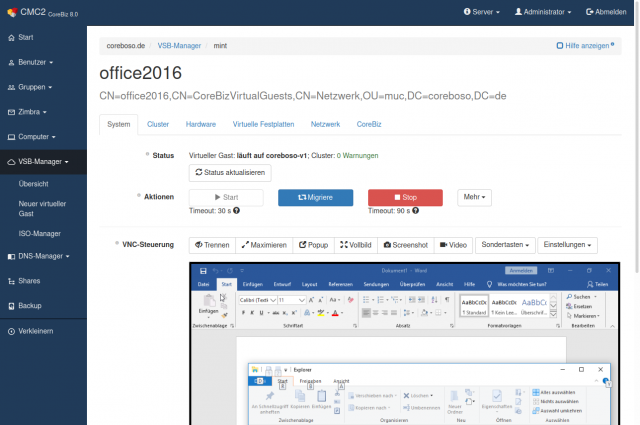 Screenshot CoreBiz Management Console CMC